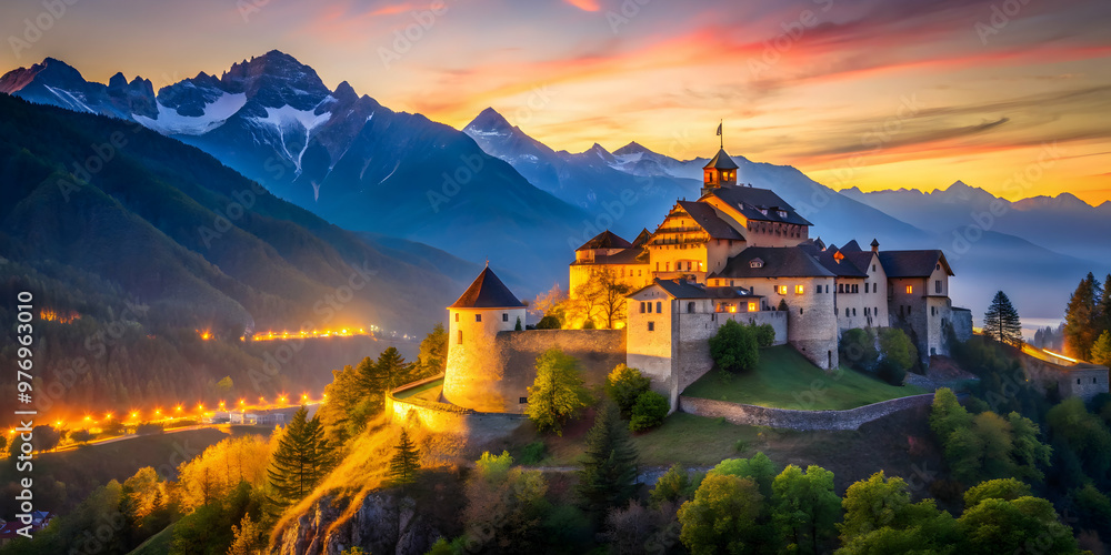 Fototapeta premium Illuminated castle of Vaduz at sunset , Vaduz, Liechtenstein, castle, illuminated, sunset, dusk, twilight, landmark, architecture