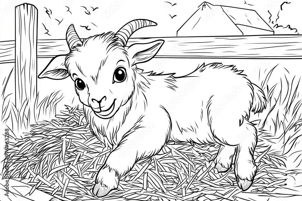 Cute baby goat with big eyes on a haystack – child-friendly coloring ...
