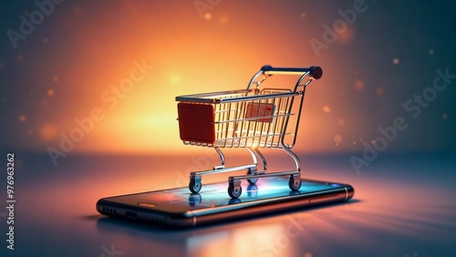 Online Shopping Cart on Smartphone Display, A shopping cart icon displayed on a smartphone screen resting on a reflective surface. The blurred background suggests an online shopping environment.
