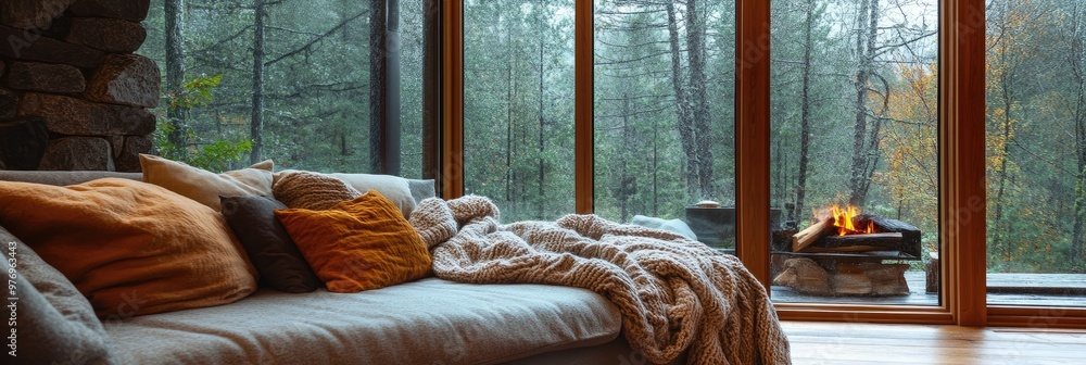 Cozy Living Room with Large Windows, Rainy Forest View, and Stone Fireplace Cozy Living Room with Large Windows, Rainy Forest View, and Stone Fireplace