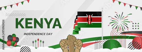 Kenya National Day background with raised hand and abstract shapes in flag colors, black, red and green. Templates design for Kenya Madaraka day or Jamhuri day greeting card and sport events