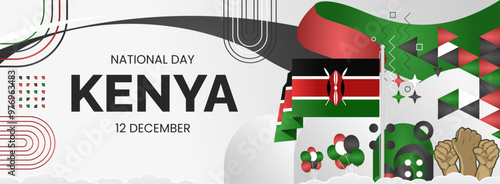 Kenya National Day background with raised hand and abstract shapes in flag colors, black, red and green. Templates design for Kenya Madaraka day or Jamhuri day greeting card and sport events