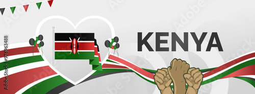 Kenya National Day background with raised hand and abstract shapes in flag colors, black, red and green. Templates design for Kenya Madaraka day or Jamhuri day greeting card and sport events