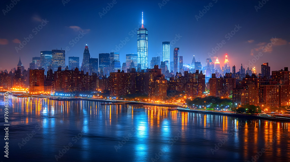 Obraz premium A panoramic view of the New York City skyline at night, with the Freedom Tower illuminated in the center, and the East River reflecting the city lights.