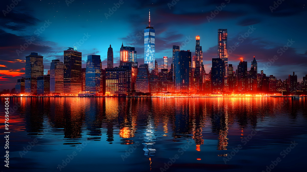 Obraz premium A panoramic view of the New York City skyline at night, with the skyscrapers lit up and reflecting in the water.