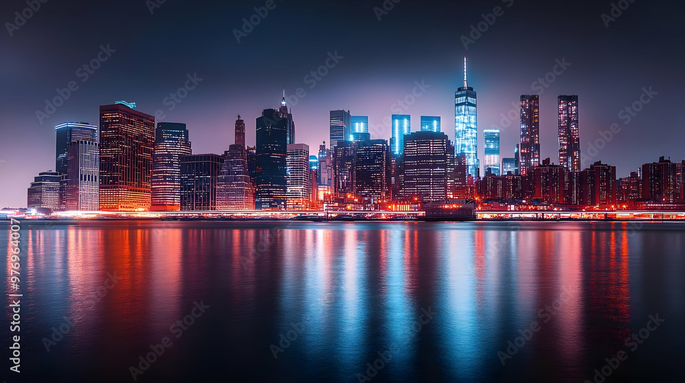 Fototapeta premium A panoramic view of the New York City skyline at night, with the skyscrapers illuminated in neon lights and their reflections shimmering in the water.