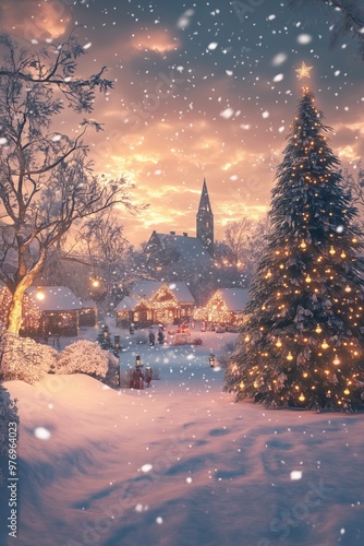 Snow-covered landscape with Christmas tree and gently falling snowflakes