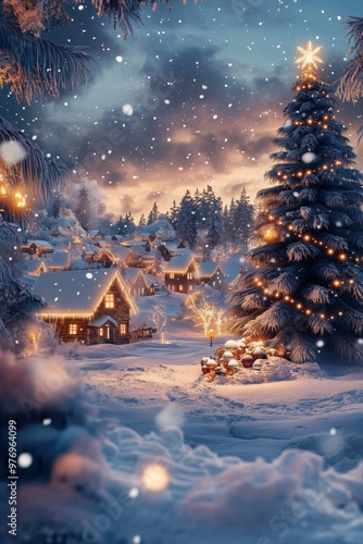 Cozy village bathed in golden sunlight with a sparkling Christmas tree in the foreground