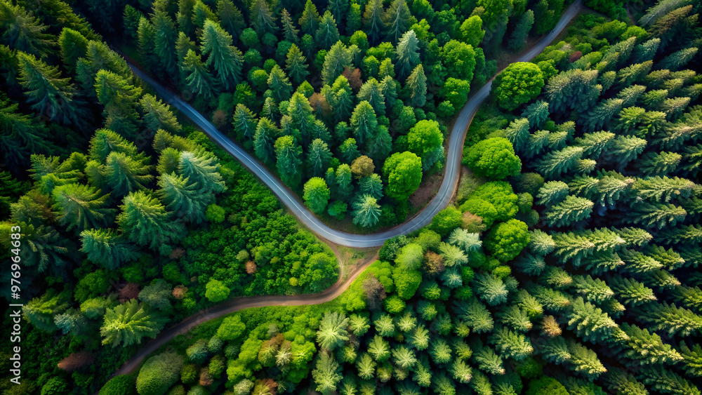 Aerial view of a dense forest with winding trails , lush, green, nature, aerial, view, panoramic, trees, trails, pathway Aerial view of a dense forest with winding trails , lush, green, nature, aerial, view, panoramic, trees, trails, pathway