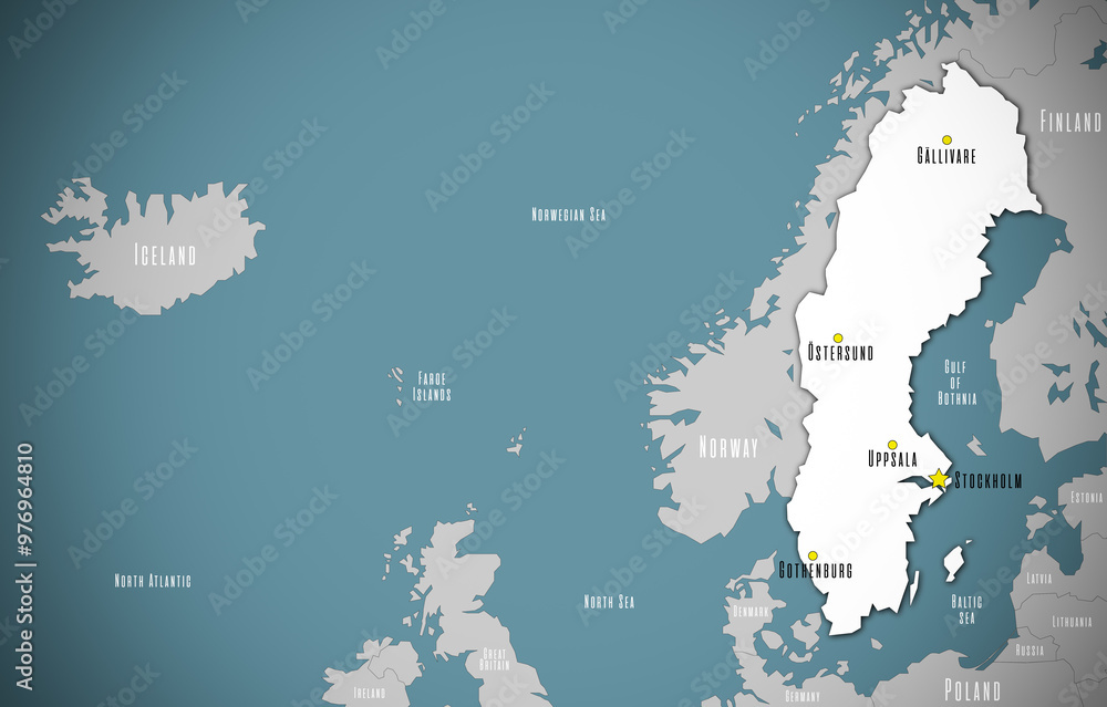 Map of Sweden. The capital and major cities are marked.