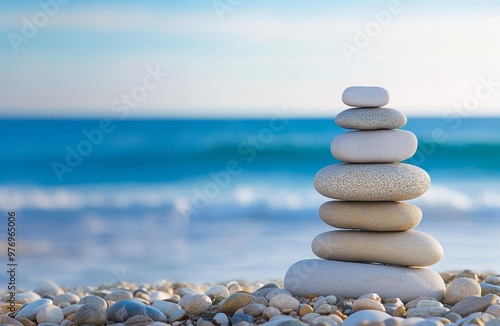 Pile of pebbles on a beach, panoramic blue water background, balanced stack color of stones