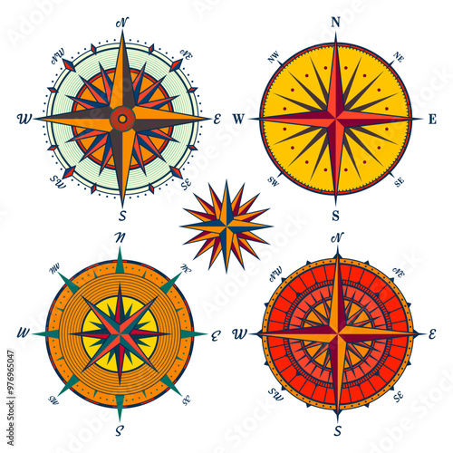 Vintage marine wind rose, nautical chart. Colorful navigational compass with cardinal directions of North, East, South, West. Geographical position, cartography and navigation. Vector illustration