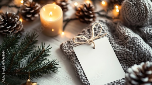 Close up of a vertical white poster mockup, perfectly centered white gift tag on a white table with cozy dark Christmas decorations