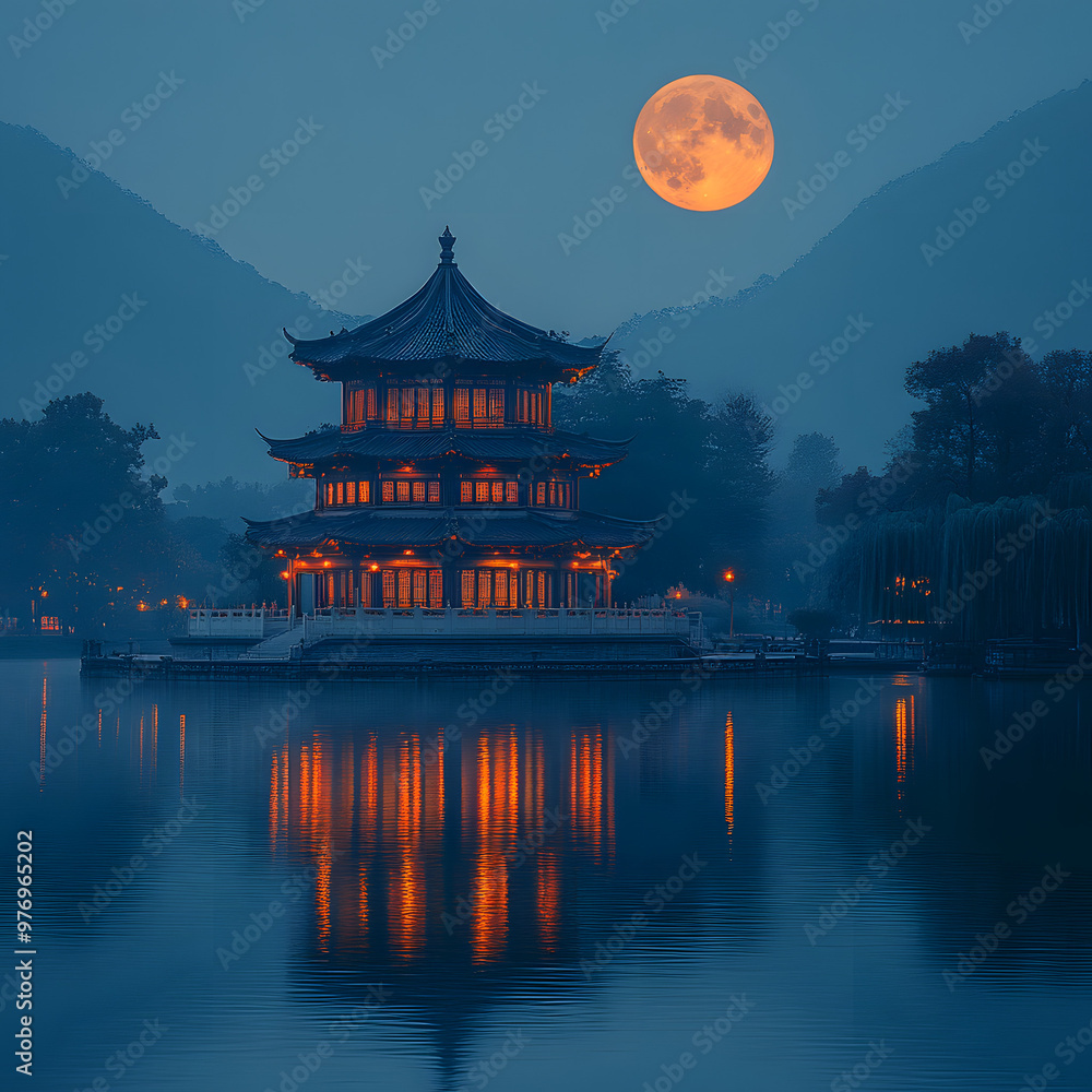 Obraz premium A serene moonlit scene of an ornate pagoda reflecting on a tranquil lake surrounded by mountains, evoking peace and beauty.