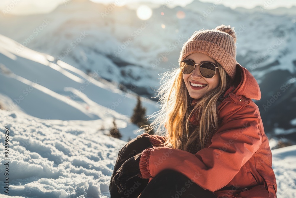 A young woman in winter gear sits on a snowy mountain rock