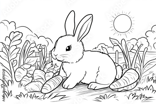 Rabbit in a carrot field – creative coloring page for young children