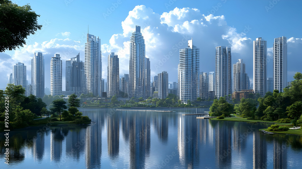 A picturesque view of a modern city skyline reflected in a calm lake with lush greenery in the foreground and white puffy clouds in the sky. A picturesque view of a modern city skyline reflected in a calm lake with lush greenery in the foreground and white puffy clouds in the sky.