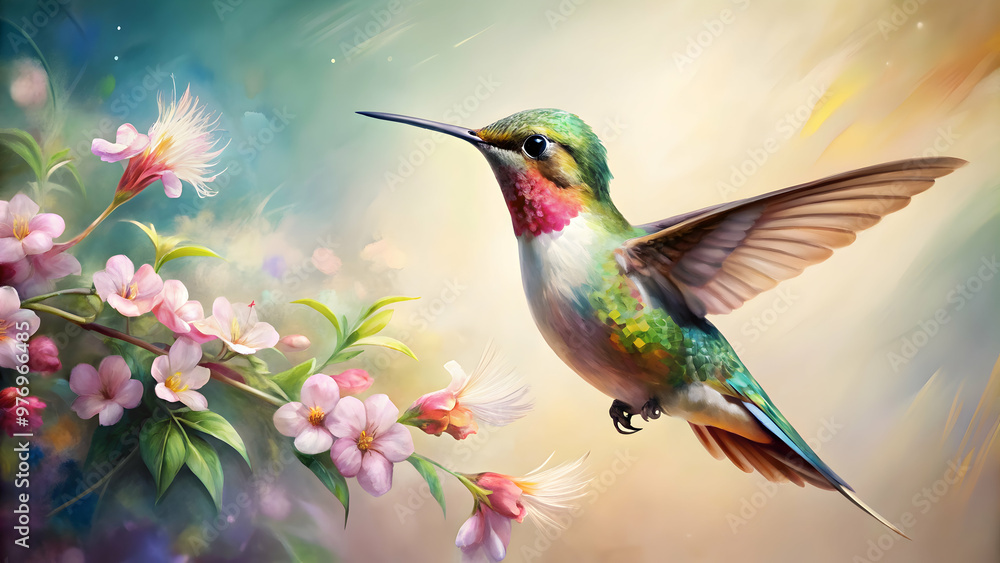 Close-up painting of a hummingbird with flowers on a light background, abstract, decorative, colorful, vibrant, artistic, nature Close-up painting of a hummingbird with flowers on a light background, abstract, decorative, colorful, vibrant, artistic, nature