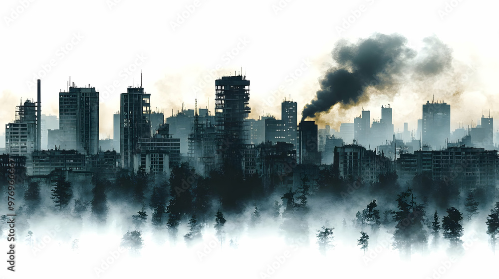 Naklejka premium A post-apocalyptic cityscape with smoke billowing from a factory, a reminder of the devastation that has occurred.