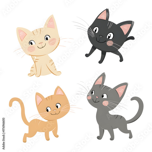 Playful Kittens with Wagging Tails in a Pastel Cartoon Portrait on a Minimal White Background