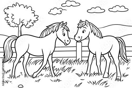 Friendly Coloring Page with Two Horses and a Peaceful Landscape in the Background photo