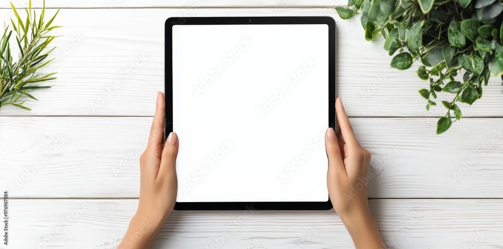 Detailed view of a young man working on a vertical tablet with a blank screen Detailed view of a young man working on a vertical tablet with a blank screen