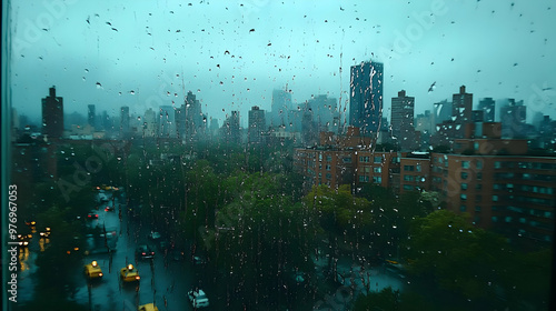 A rainy cityscape view thro...
