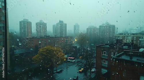 A rainy cityscape viewed fr...