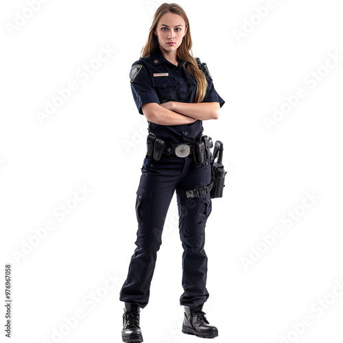 Young policewoman standing with arms crossed, looking confident and assertive