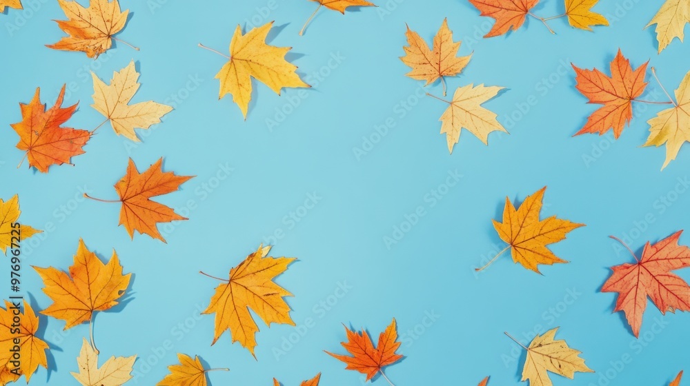 A blue background with many different colored leaves on it, AI A blue background with many different colored leaves on it, AI