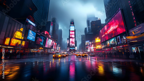 A rainy day in Times Square, New York City, with towering skyscrapers and bright billboards reflecting in the wet streets.