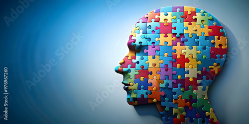 Human head profile silhouette filled with jigsaw puzzle pieces representing cognitive psychology, brain, mind, puzzle