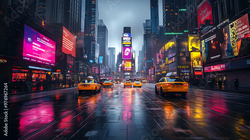 A rainy day in Times Square, New York City, with yellow cabs reflecting the neon lights of the billboards.
