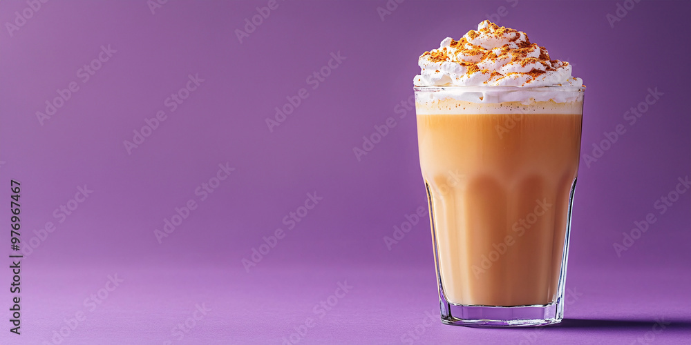 Banner with drinking glass with seasonal pumpkin spice latte on purple background with copy space Banner with drinking glass with seasonal pumpkin spice latte on purple background with copy space