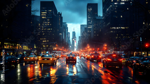 A rainy night in a bustling...