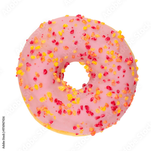 Pink donut isolated on a transparent background. Stock photo.