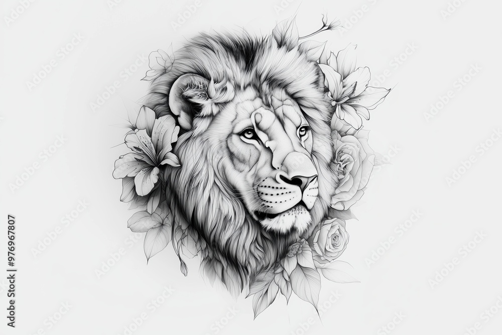 Tattoo of a Calm and Powerful Lion's Head, Framed by Roses and Lilies Tattoo of a Calm and Powerful Lion's Head, Framed by Roses and Lilies
