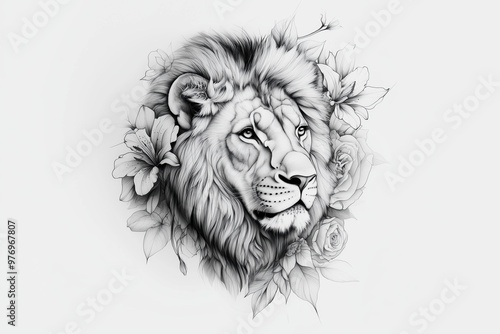 Tattoo of a Calm and Powerful Lion's Head, Framed by Roses and Lilies