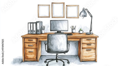 A drawing of a desk with computer and lamp on it, AI