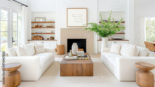 Living room with modern decor and minimalist interior design featuring natural elements and stylish furniture