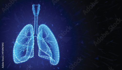 Illustration of two human lungs in a modern style using geometric shapes connected to form the shape of human lungs on a dark blue background.
