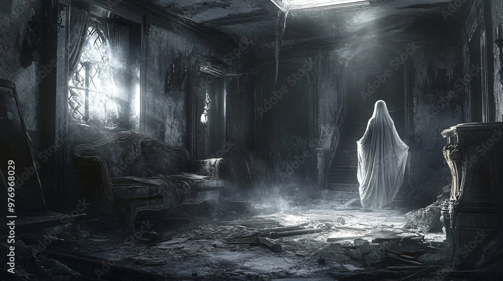 A ghost with a sorrowful expression, floating through a desolate old ...