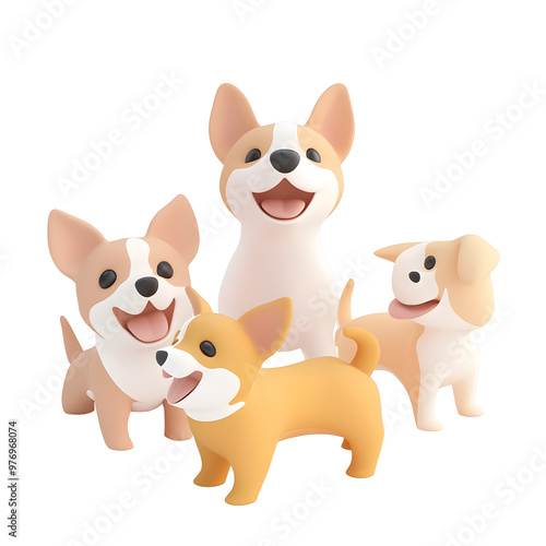 Playful portrait of happy dogs with wagging tails in pastel colors on white background