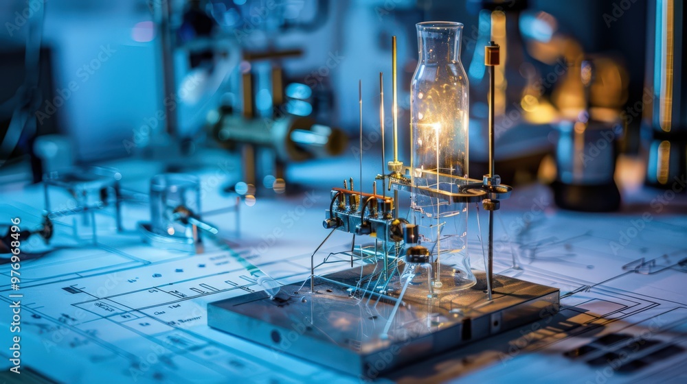 Blueprint of a physics lab experiment on thermal conductivity, showcasing apparatus for measuring heat transfer through different materials. Blueprint of a physics lab experiment on thermal conductivity, showcasing apparatus for measuring heat transfer through different materials.