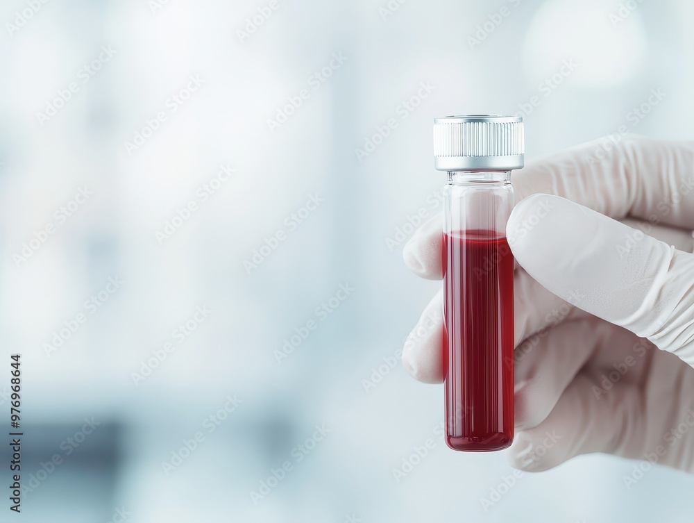 Biotechnology concept. A hand in a glove holds a vial containing red blood liquid analysis, against a blurred background, suggesting a medical or laboratory setting. Biotechnology concept. A hand in a glove holds a vial containing red blood liquid analysis, against a blurred background, suggesting a medical or laboratory setting.