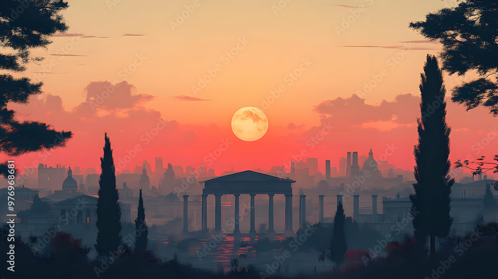 Naklejka premium A scenic view of a city skyline with a large, full moon setting behind the buildings. The city is shrouded in a misty haze.