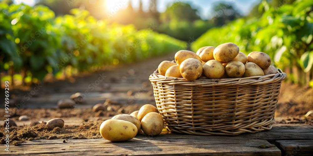 A basket of fresh potatoes on a rustic wooden table in a potato field setting, potatoes, basket, fresh, rustic, wooden table A basket of fresh potatoes on a rustic wooden table in a potato field setting, potatoes, basket, fresh, rustic, wooden table