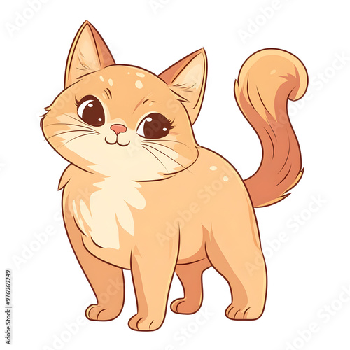 Playful Chibi Style Persian Cat with Wagging Tail in Pastel Colors on Isolated Background