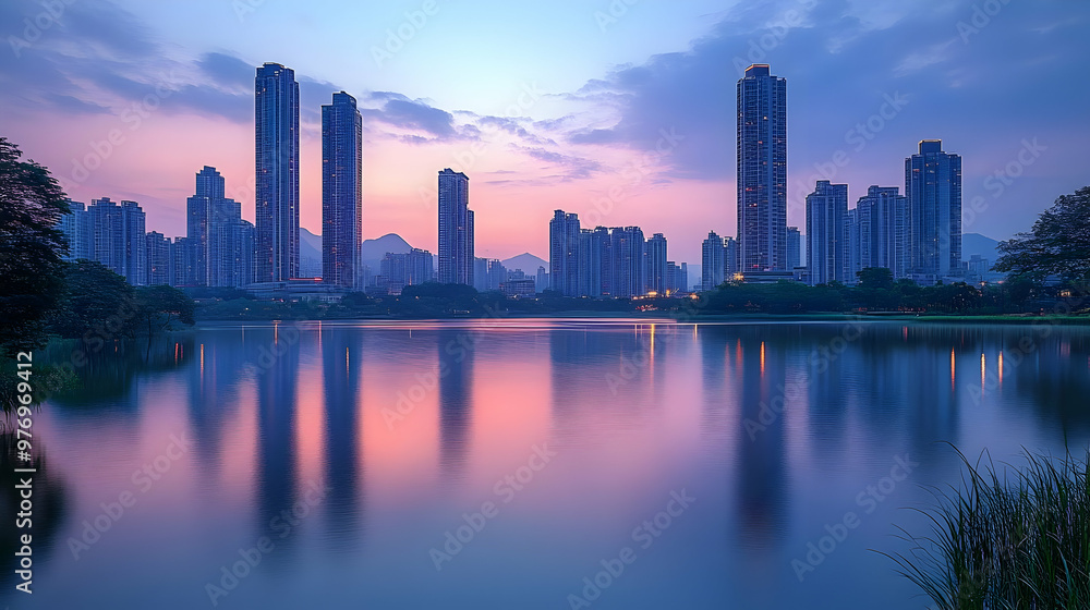 A serene lake reflecting the silhouette of a modern city skyline at sunset. A serene lake reflecting the silhouette of a modern city skyline at sunset.