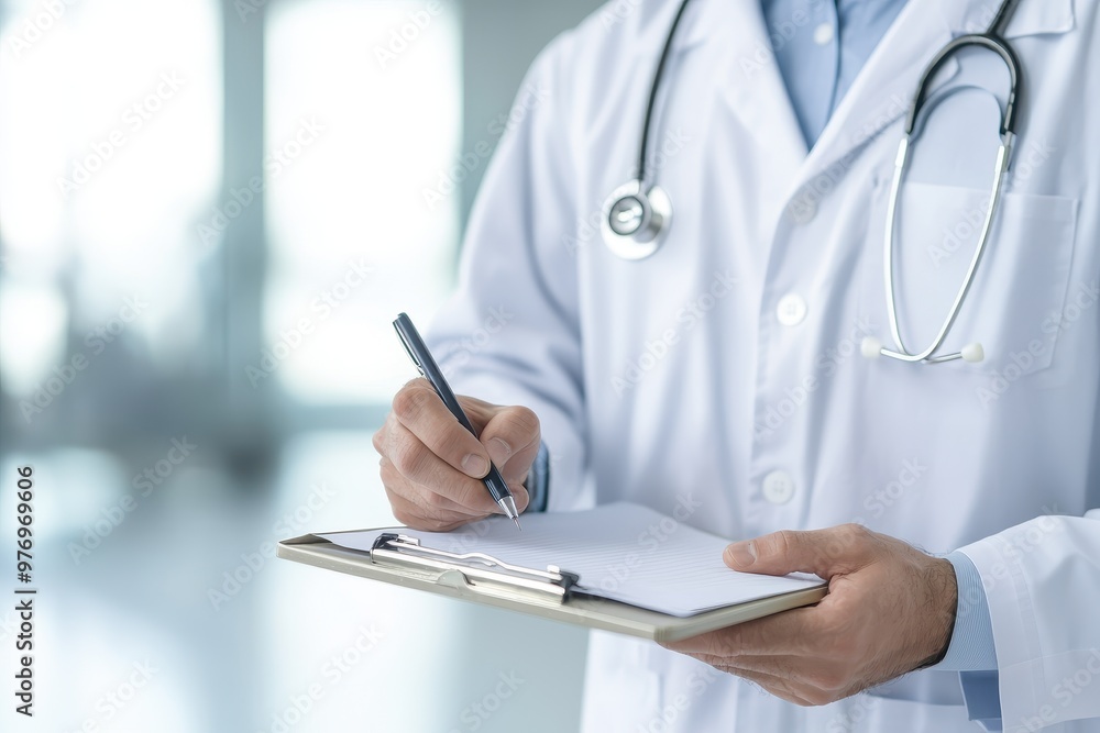 A healthcare professional in a white coat writes notes on a clipboard, showcasing medical practice and patient care in a clinical setting. A healthcare professional in a white coat writes notes on a clipboard, showcasing medical practice and patient care in a clinical setting.